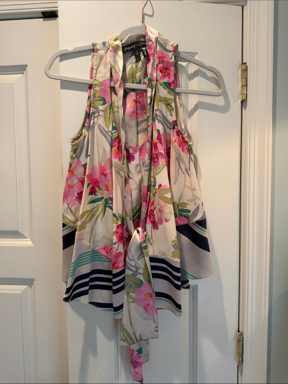 Elizabeth and James Floral Tie-Neck Tank in Cream, Pink & Green